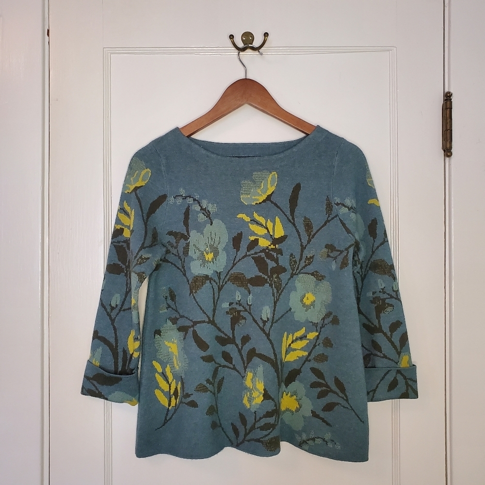 Cynthia Rowley Floral Print Sweater – Size S – Wedgewood Blue / Apple Green
